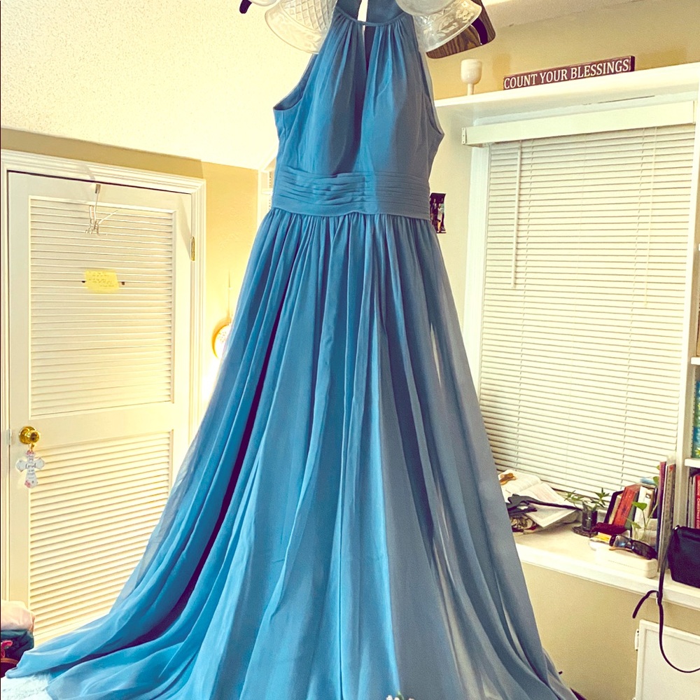 Azazie cherish floor length dusky blue dress